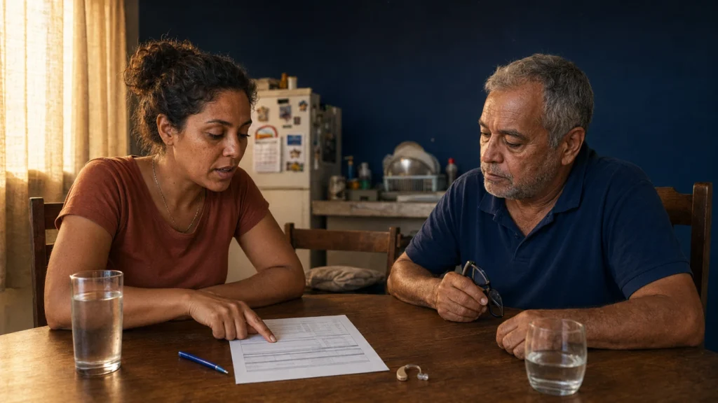Pessoa e familiar analisando uma proposta para aparelho auditivo à mesa.