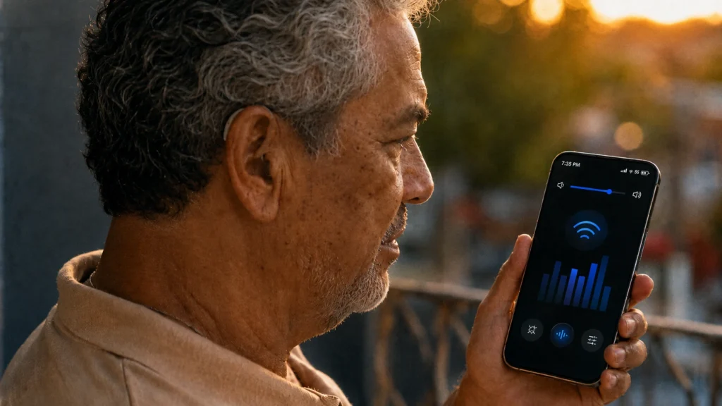 Pessoa com aparelho auditivo olhando para um celular.