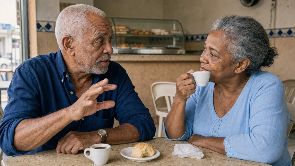 Duas pessoas idosas conversando à mesa.