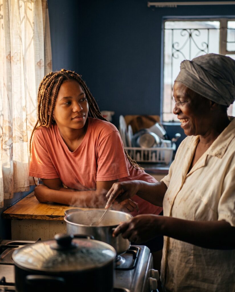 Duas mulheres conversam enquanto preparam uma refeição em casa